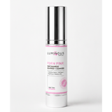 Luminous skin care product bottle with pink label on a white background
