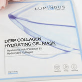 Luminous Deep Collagen Hydrating Gel Mask packaging with pink flowers in the background