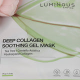 Luminous Empire Deep Collagen Soothing Gel Mask packaging with pink flowers in the background