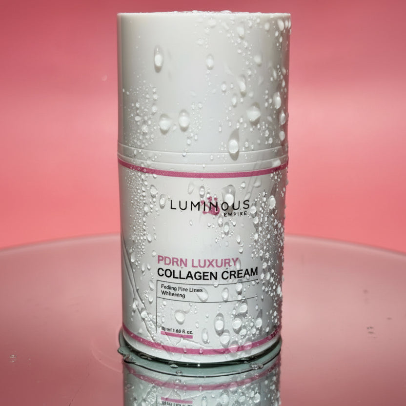 Luminous PDRN Luxury Collagen Cream container on a pink background