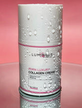 Luminous PDRN Luxury Collagen Cream container on a pink background