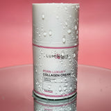 Luminous PDRN Luxury Collagen Cream container on a pink background