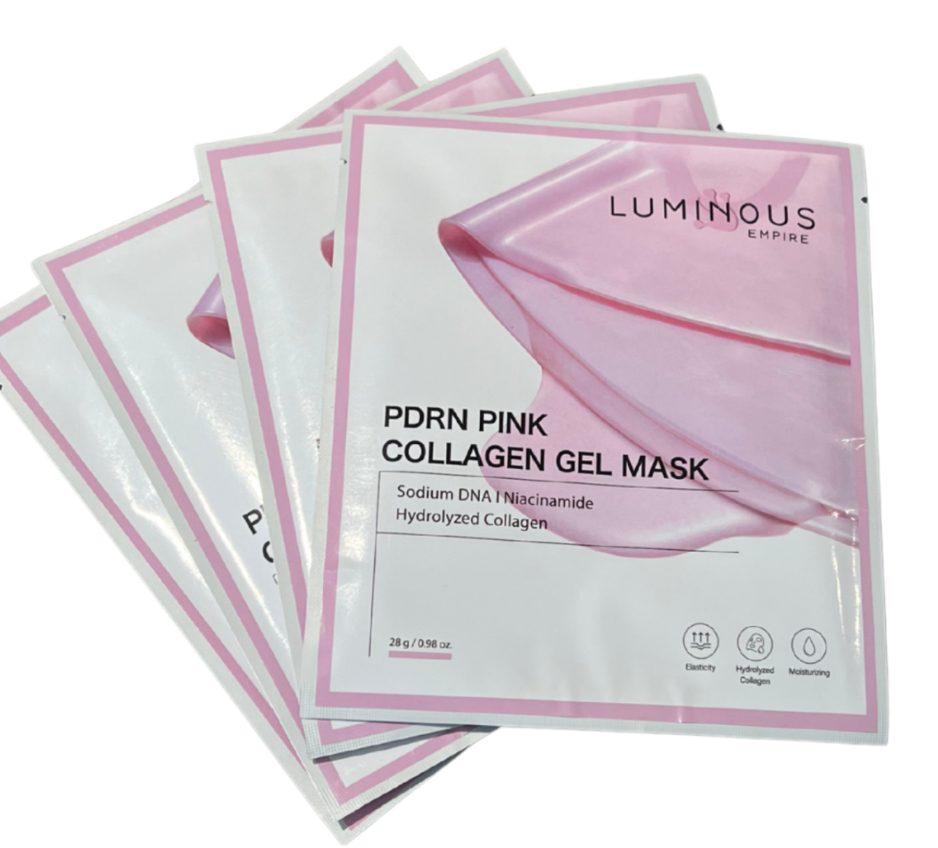 Pack of Luminous pink collagen gel masks on a white background