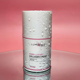 Luminous PDRN Luxury Collagen Cream container on a pink background