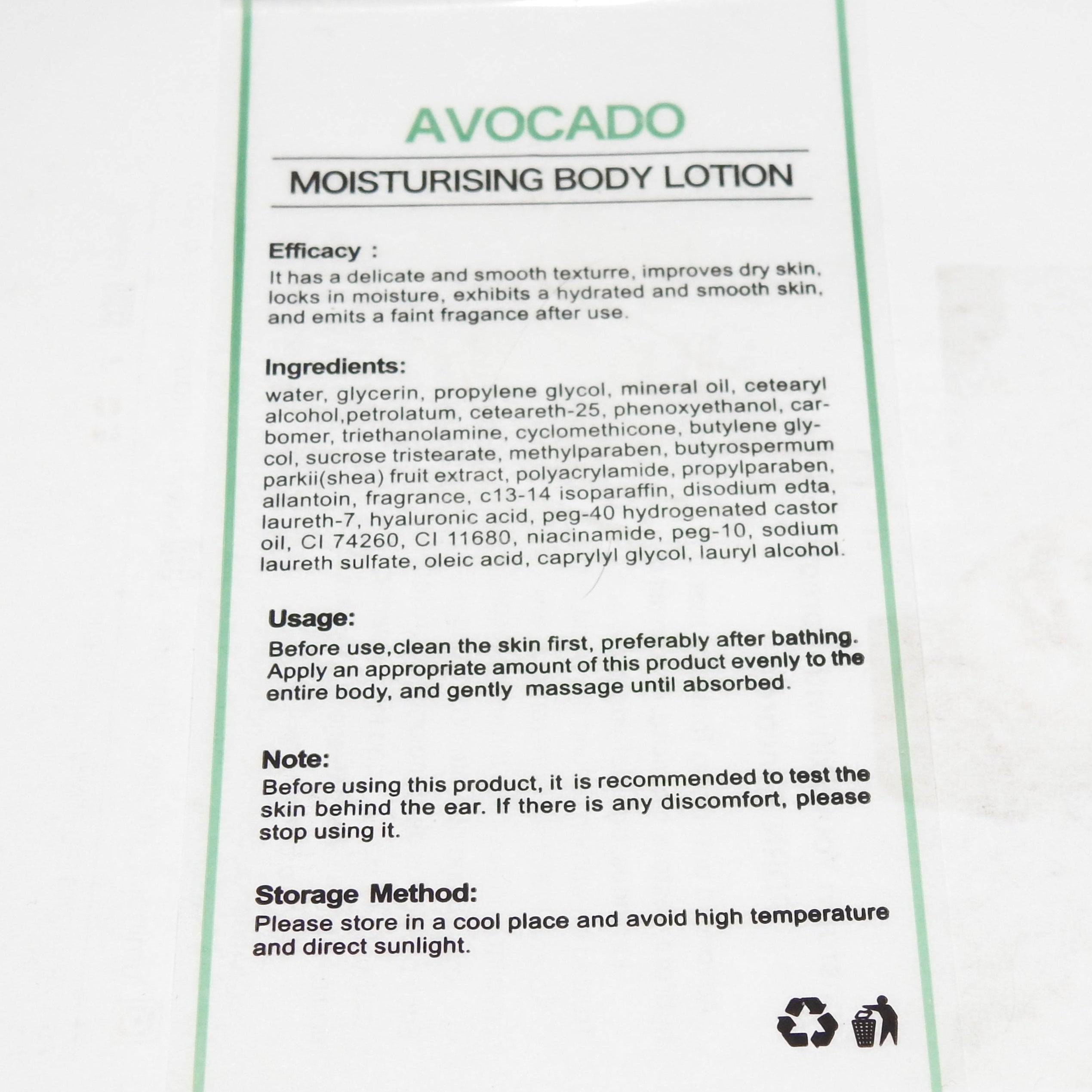 Avocado moisturizing body lotion Ingredients label 