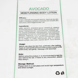 Avocado moisturizing body lotion Ingredients label 