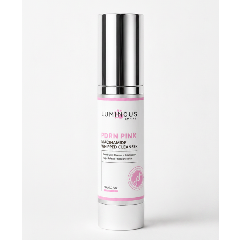 Luminous skin care product bottle with pink label on a white background