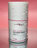 Luminous PDRN Luxury Collagen Cream container on a pink background