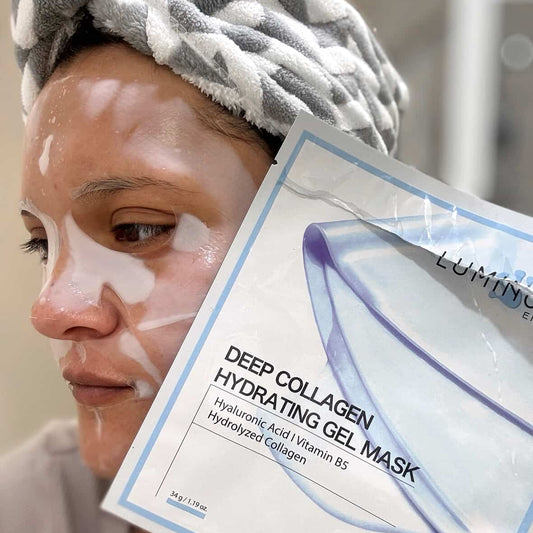 Katie applying a deep collagen hydrating gel mask with packaging in the foreground.