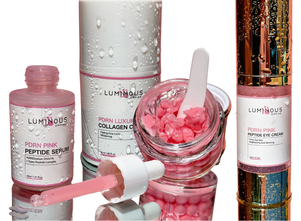 Luminous Empire PDRN skincare products including serum, cream, eye cream, collagen cream and capsules on a white background