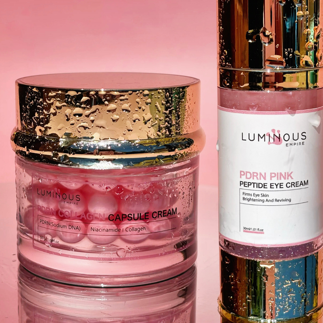 Luminous Empire Collagen Capsule cream and PDRN Peptide eye cream on a pink background.