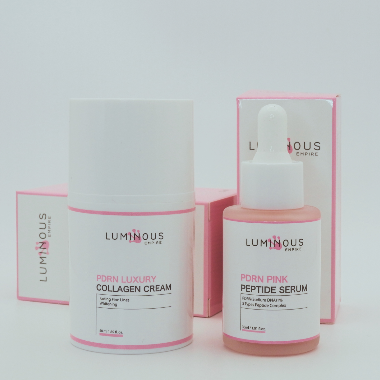 Luminous skincare products including a cream and serum on a white background