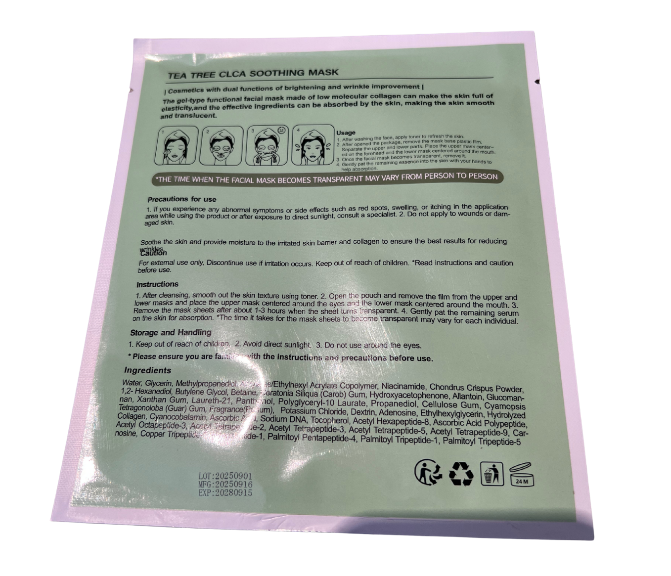 Sheet mask packaging with Instructions and ingredients on a white background