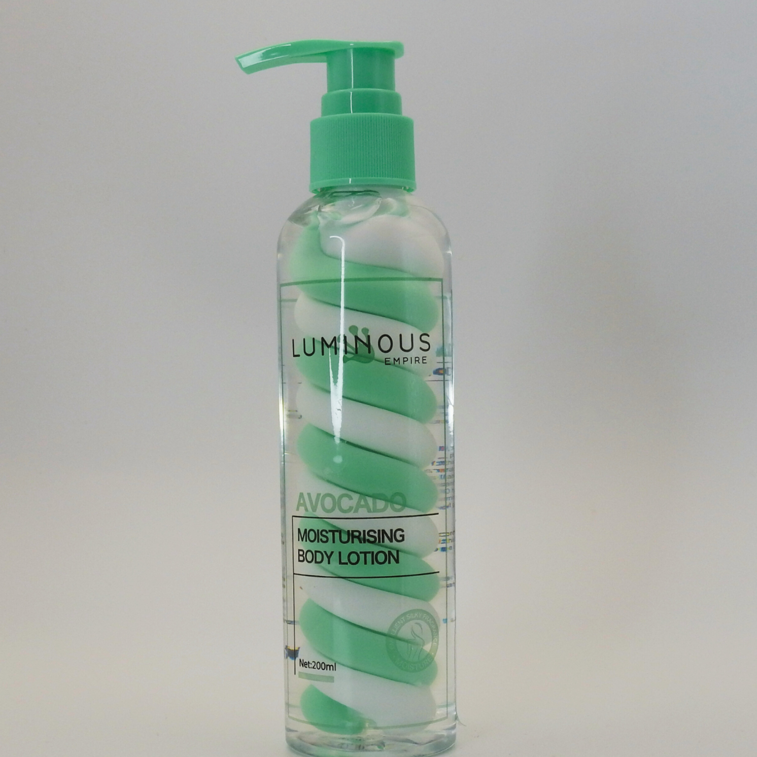 Luminous Empire Avocado Moisturizing Body Lotion bottle with green pump on a gray background