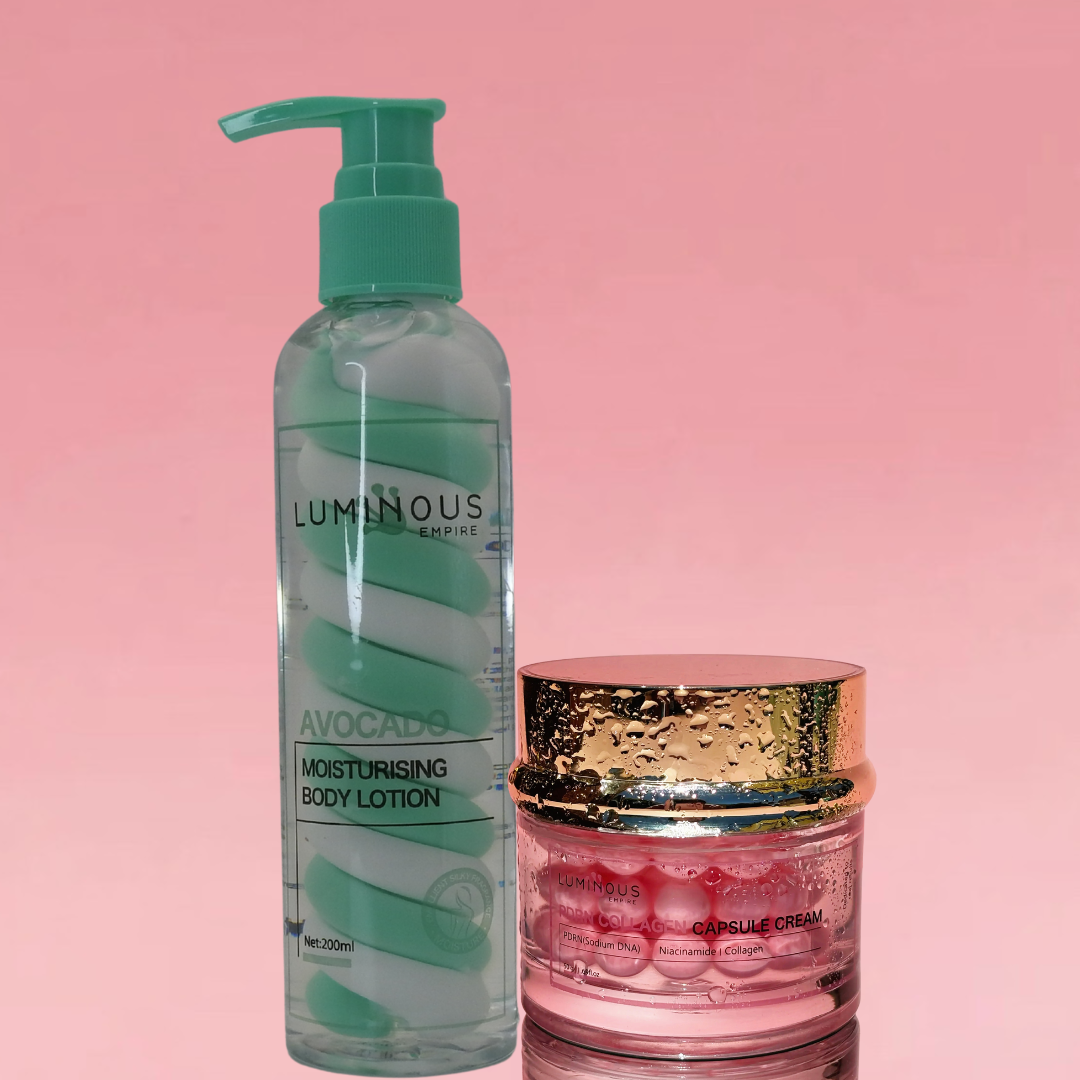 Luminous Avocado Moisturising Body Lotion and pink PDRN Collagen capsule cream
