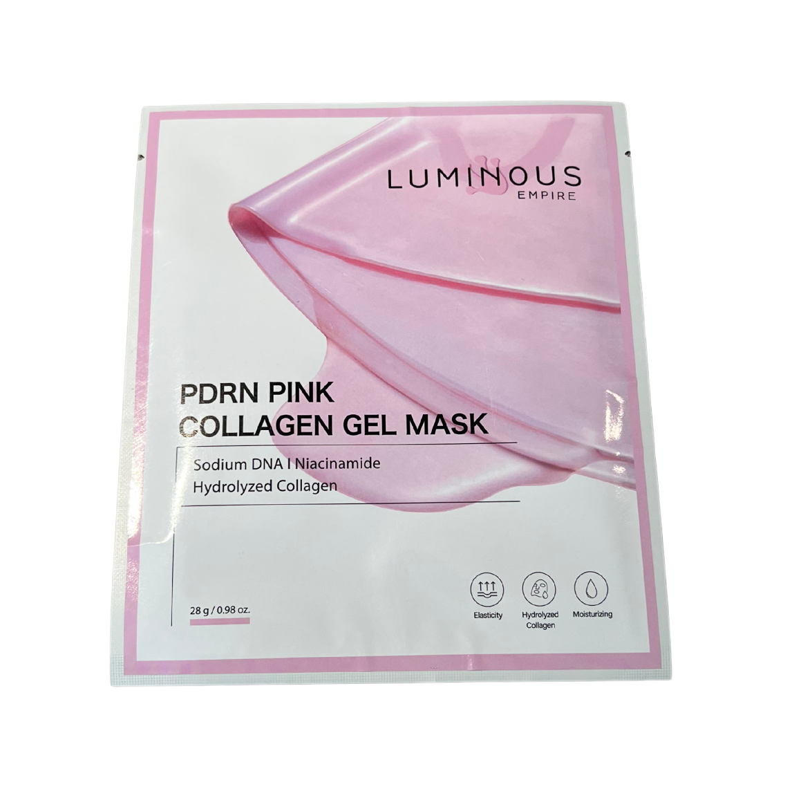 Luminous pink collagen gel mask packaging on a white background