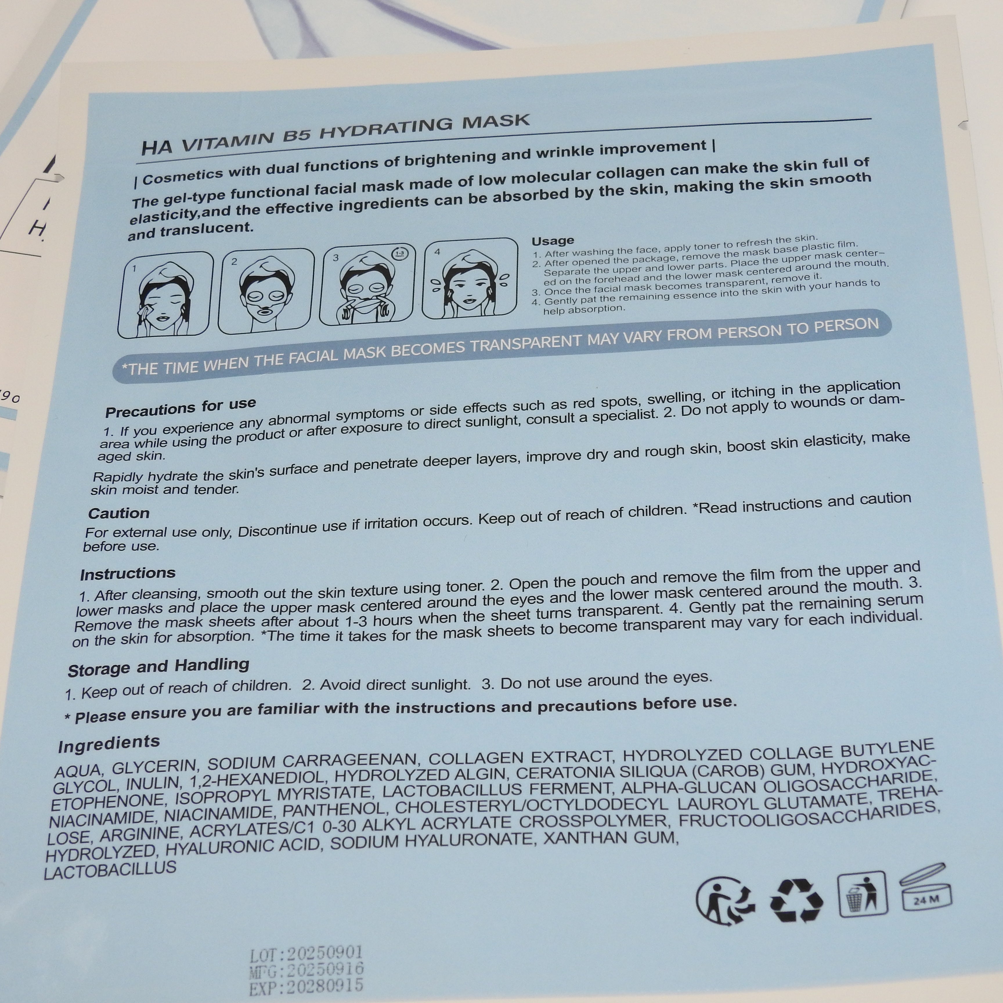 Vitamin B5 hydrating mask packaging with Instructions and ingredients