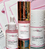 Luminous Empire skincare products including serum, eye cream, and collagen cream and 4 masks on a pink background.