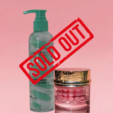 Two skincare products with a 'SOLD OUT' stamp on a pink background